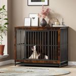 Hello-5ive Large Dog Crate Furniture, Wooden Dog Cage with Double Doors, Heavy Duty Indoor Dog Kennel with Removable Tray for Small Medium Large Dogs, End Side Table, 97.5x59x77.5 cm, Rustic Brown