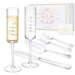 ROXBURGH Wedding Cake Knife and Server Set, Bride and Groom Mr and Mrs Champagne Flutes & Forks with Giftable Box, Cake Cutting Set for Wedding Engagement Bridal Shower Gifts