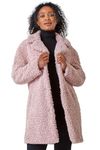 Roman Originals Teddy Coat for Women UK Ladies Borg Faux Fur Coatigan Lined Casual Soft Fluffy Fleece Texture Oversized Longline Warm Cosy Winter Jacket Thick Cardigan - Petite Light Pink - Size 8