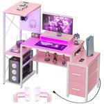 Small Gaming Desk with 2 Fabric Drawers - Reversible Computer Desk with Power Outlet & LED Lights, 49" Office Desk with Monitor Stand & Storage Shelves, Writing Study Table with Pegboard, Pink