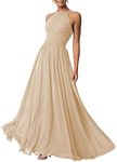 PENSILOO Halter Prom Bridesmaid Prom Dresses for Wedding Long Pleated Chiffon Formal Evening Gown Champagne US26W