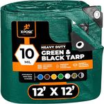 Heavy Duty Poly Tarp - 12' X 12' - 10 Mil Thick Waterproof, UV Blocking Protective Cover - Reversible Green and Black - Laminated Coating - Grommets - by Xpose Safety