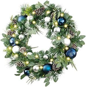 WANNA-CUL 30 Inch Pre-Lit Silver Blue Christmas Wreaths for Front Door