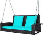 Tangkula 2-Person Wicker Hanging Porch Swing, Patiojoy Outdoor Rattan Swing Bench W/ 2 Back Cushions & 1 Seat Cushion, Sturdy Steel Chain, 800lbs Weight Capacity, Suitable for Deck, Backyard, Garden