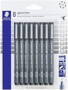 Staedtler Pigment Liner Pack, Black, 8 Pens, Assorted Line Widths, 0.05mm, 0.1mm, 0.2mm, 0.3mm, 0.5mm, 0.8mm, 1.0mm, 1.2mm