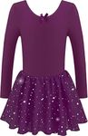 DANSHOW Girls Glitter Leotards for Ballet Dance Dress with Tutu Skirt Petal Sleeve, Skirted-long-dark-purple, 10-12 Years