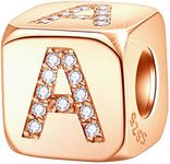 Rose Gold Dice Charm 26 Letters Beads with CZ, 925 Sterling Silver Initial A-Z Uppercase Alphabet Cube Charm fits Personalized Women Bracelet, Gifts for Birthday/Christmas/Friends/Family/Lover,