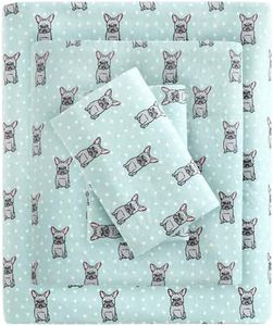 True North by Sleep Philosophy Cozy Flannel Warm 100% Cotton Sheet - Novelty Print Animals Stars Cute Ultra Soft Cold Weather Bedding Set, Full, Aqua French Bulldog 4 Piece