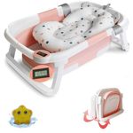 Foldable Baby Bath Tub with Thermometer for Real Time Temperature Free Bath Toy, Temperature Sensing Drain Plug, Anti-Slip Legs Collapsible Tub with Cushion Pad (Pink)