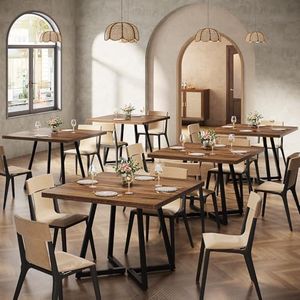 Tribesigns Square Commercial Dining Table Set of 6, 31.5" Heavy Duty Dinner Table with Metal Base, Wooden Kitchen Table for Restaurant, Cafe, Bakery, School, Apartment, Rustic Brown & Black