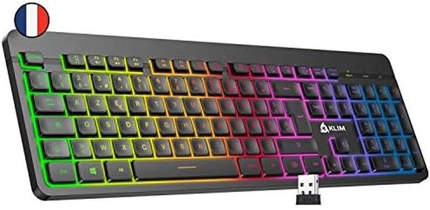 KLIM Light V2 Clavier sans Fil AZERTY + Nouveauté 2024 + Fin, Discret, Waterproof, Silencieux + Clavier Gamer rétroéclairé pour PC Mac PS4 PS5 + Batterie Intégrée Longue Durée