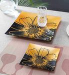 HOMIES INTERNATIONAL Set of 7, Square Black Gold Tempered Glass Glassware Cake Dinner Snack Serving Tray Set (6 Small Serving Plates , 1 Large Platter) Tempered/Unbreakable/Break Proof Glass