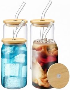 WISIMMALL Drinking Glasses with Bamboo Lids and Glass Straw 4PCS Set, 16oz Glass Cups with Lids and Straws, Beer, Iced Coffee Glasses, Soda, Gift 1 Cleaning Brushes