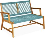 Tangkula 2-Person Patio Acacia Wood Bench Loveseat Chair, Outdoor Patio Bench Acacia Wood Bench in Teak Oil Finish, Patio Loveseat Rope Bench for Balcony Deck Poolside Porch (Turquoise)