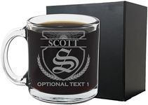 Personalized Etched Monogram 12oz Clear Glass Coffee Cup, Scott, Customized Gift, Unique Initial Mug