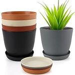 BELLE VOUS 5 Pack Plastic Plant Pots with Saucers - 12cm/4.72 Inches - Indoor/Outdoor Decorative Flower Planters with Drainage Holes for House/Garden Plants, Herbs, Aloe & Nursery Seeding