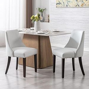 DM Furniture Mid Century Modern Dining Chairs Set of 2 Upholstered PU Leather Accent Chairs Wooden Side Chair for Living Room/Dining Room/Bedroom, White