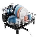 iSPECLE Dish Drainer Rack - Small Dish Drying Rack with Draining Board, Compact Dish Rack Drainer with Drain Spout and Cutlery Holder for Kitchen Counter or in Sink, Black