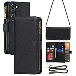 ELTEKER Phone Case Compatible with Samsung Galaxy S23,Wallet Case with Crossbody Strap Lanyard Card Holder Pocket,Premium Leather Flip Kickstand Case for Samsung Galaxy S23-Black