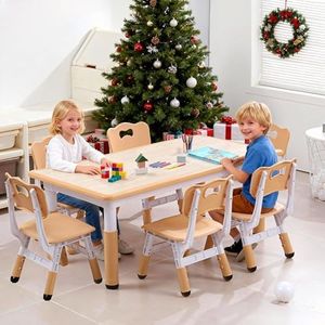 Garvee Kids Table and 6 Chair Set,47 in Modern Height Adjustable Toddler Table and 6 Chairs Set with Non-Slip Desk Legs&Organizer Graffiti Desktop,Preschool Activity Art Craft Tables for 6(Khaki)