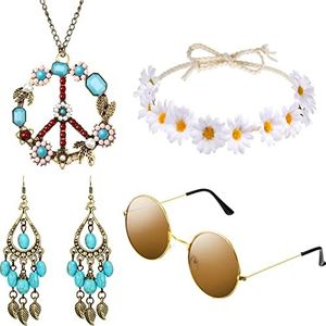 HICARER Il Set di Costumi per Hippy Include Occhiali da Sole, Fascia per Capelli, Collana e Orecchini con Segno di Pace (Bohemien Marrone) (Stile Turchese)