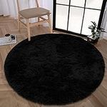 Enyhom Round Soft Area Rug Fluffy Shaggy Circular Plush Room Carpet High Pile Velvet Washable Floor Rug Silky Smooth Bedside Rug for Living Room College Dorm Home Decor Floor Mat, 120cm Black