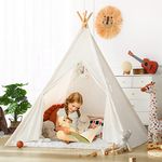 Sumbababy Kids Teepee Tents Indoor: Toddler Play Tents Tipi with Colourful Flags Storage Bag and Window Foldable Beige Playhouse Toys House for Grils Boys Birthday Gift
