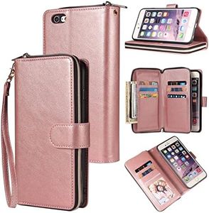 YocoverTech for iPhone 6 Plus Case, for iPhone 6s Plus Wallet Case[9 Card Slots+1 Cash Slot] PU Leather Stand Flip Zipper Wallet for iPhone 6 Plus/6s Plus[5.5 inch]-Rose Gold