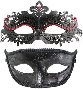 Couple Masquerade Metal Masks Venetian Halloween Costume Mask Mardi Gras Mask (Black+Black-Red)