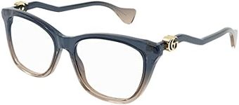 Gucci GG1012O 002 Eyeglasses Frame Women's Blue Full Rim Cat Eye 54mm, Blue/Gold Logo - 002, Lens-54 Bridge-16 B-41.9 ED-58.5 Temple-140