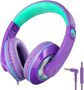 Rockpapa Comfort+ Kids Wired Headphones Over Ear Headphones with Microphone for Kids Children Adult, Stereo Sound, Foldable, Adjustable Headphones for School/Travel/Phone/PC/MP3-Purple Green