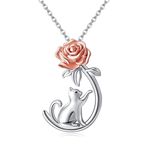 URONE Cat Necklace 925 Sterling Sliver Rose Flower Cat Pendant Necklace Cat Jewelry for Women Cat Lovers