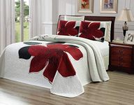 Grand Linen 3-Piece Fine Printed Oversize (100" X 95") Quilt Set Reversible Bedspread Coverlet Full/Queen Size Bed Cover (Burgundy Red, Black, White, Floral)