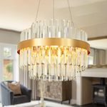 AOOCHOK Modern Crystal Chandelier, LED 3-Color Change Gold Pendant Lights Fixture, Round Crystal Hanging Lamp for Bedroom, Corridor, Balcony, Porch, Kitchen Island, D40cm