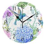 Mnsruu Wall Clock Watercolor Flowers Hummingbird Silent Non-Ticking Decorative Wall Clocks Battery Operated 25x25cm for Home Living Room Kitchen Bathroom Bedroom