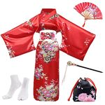 PLULON 5Pcs Japanese Robe Geisha Yukata Dress Blossom Satin Bathrobe with Drawstring Bag Hand Fan Hairpin Tabi Socks Set for Women