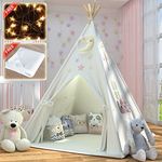 Kids Teepee Tent with Padded Mat & Light String, Washable Foldable Play Tent, Natural Cotton Canvas Teepee Indoor Outdoor Playhouse for Toddler, for 3 4 5 6 7 8 9 10 Boys and Girls