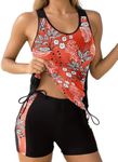 Dokotoo Two Piece Bathing Suits for Women Tummy Control Tankini Top and Boy Shorts Floral Print Drawstring Beachwear Tankini Swim Suits Red Large