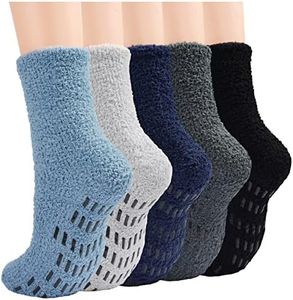 Fuzzy Socks Men with Grippers, Winter Fluffy Slipper Socks Stocking Stuffers Mens Hospital Socks Cozy Warm Non Slip Heated Plush Sleep Footies 5 Pairs, Solid Series, One size
