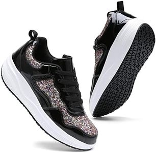 DADAWEN Women's Glitter Platform Wedge Athletic Tennis Walking Shoes Sparkly Sequin Lightweight Non Slip Casual Comfort Fashion Sneakers Black US Size 6