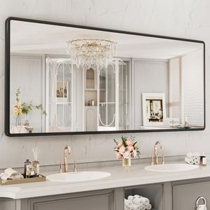 pertetey New Upgrade 72X32 Inch Wall Mounted Bathroom Mirror, Black Metal Frame Rounded Rectangle Mirror, Bathroom Vanity Mirror with Tempered Glass for Washroom Bedroom Living Room