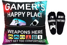 Svnntaa Gamer Gifts for Teenage Boys, Game Gifts Pillow Cover Case 18x18 inch Gaming Room Decoration, Gamer Pillow Cover with Pocket and Gaming Socks Gifts Set