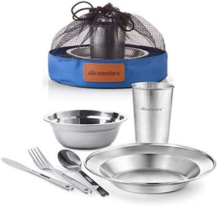 Wealers Unique Complete Messware Kit Polished Stainless Steel Dishes Set| Tableware| Dinnerware| Camping| Buffet| Includes - Cups | Plates| Bowls| Cutlery| Comes in Mesh Bags (Single Person Blue)