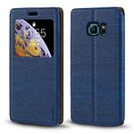 Samsung Galaxy S6 Edge Case, Luxury Wood Grain Leather Case with Card Slot Notification Window Protective Magnetic Flip Cover for Samsung Galaxy S6 Edge (Blue)