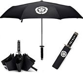 Flybecoin Samurai Katana Master Sword Hilt Handle Folding Umbrella Anime Portable Travel Japanese Ninja Compact Umbrellas Windproof, Black Glue Anti UV, Business Birthday Gift for Men