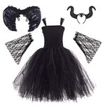 OBEEII Kids Girls Witch Devil Malificent Halloween Costume Fancy Tutu Dress up for Cosplay Party Carnival Dresses with Hair Hoop Wings 3PCS Outfit Black 4pcs 9-10 Ans