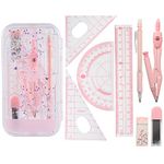 8 Pcs Math Geometry Set, Geometry Compass Sets School Drawing Compass and Protractor Set for Students' Mathematics Teaching and Learning Drawing Geometric Figures Kids Stationery Gifts Pink