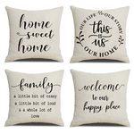 NYDECOR Farmhouse Pillow Covers Family Throw Pillow Case Our Happy Place Home This is Us Quote Cushion Cover for Couch Sofa Cotton Linen 18x18 Set of 4 Housewarming Gifts