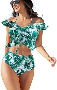 JFAN Trajes de Baño para Mujer Top Corto con Cuello Halter y Volantes Bañador de Colores con Hombros Descubiertos Hojas M