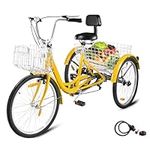 VEVOR Yellow Adult Tricycle Single Speed 7 Speed Three Wheel Bike Cruise Bike 24inch Seat Adjustable Trike with Bell, Brake System and Basket Cruiser Bicycles Size for Shopping